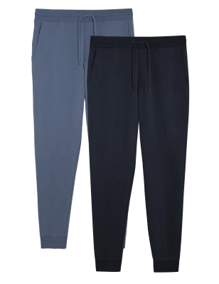 

Mens M&S Collection 2pk Cuffed Pure Cotton Joggers - Blue Mix, Blue Mix