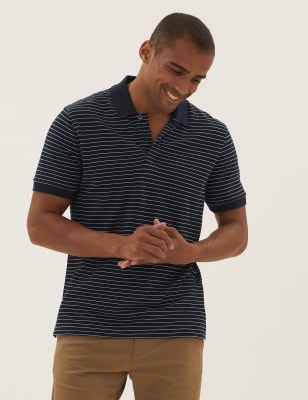 

Mens M&S Collection 2 Pack Pure Cotton Striped Pique Polos - Dark Navy, Dark Navy