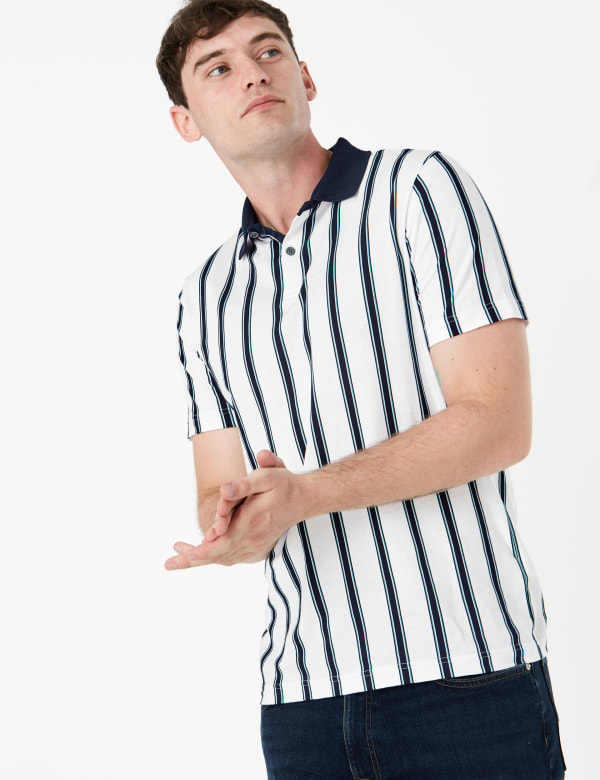 Pure Cotton Vertical Striped Polo Shirt