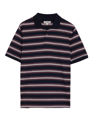 

Mens M&S Collection Pure Cotton Jersey Striped Polo Shirt - Dark Navy, Dark Navy