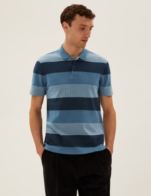 

M&S Collection Polo de punto doble, de rayas, 100% algodónMens - Mid Blue, Mid Blue