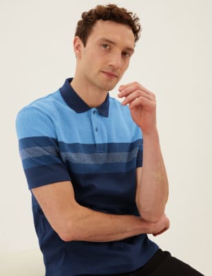 

Mens M&S Collection Pure Cotton Striped Polo Shirt - Dark Navy, Dark Navy