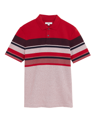 

Mens M&S Collection Pure Cotton Double Knit Striped Polo Shirt - Red, Red