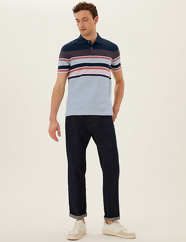 Pure Cotton Double Knit Striped Polo Shirt - AT