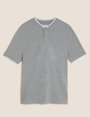 M&S Mens Pure Cotton Baseball Collar Polo - SREG - Grey Marl, Grey Marl,Dark Navy