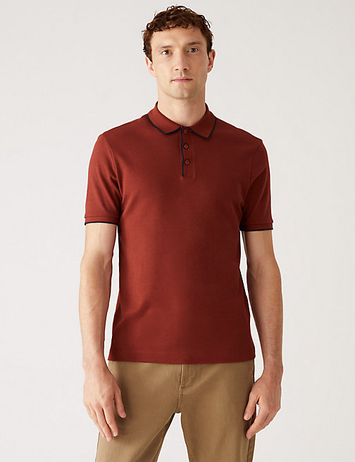 Marks And Spencer Mens M&S Collection Pure Cotton Tipped Polo Shirt - Rust, Rust