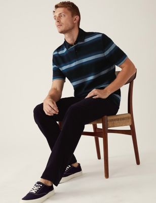 Marks And Spencer Mens M&S Collection Pure Cotton Double Knit Striped Polo Shirt - Dark Navy
