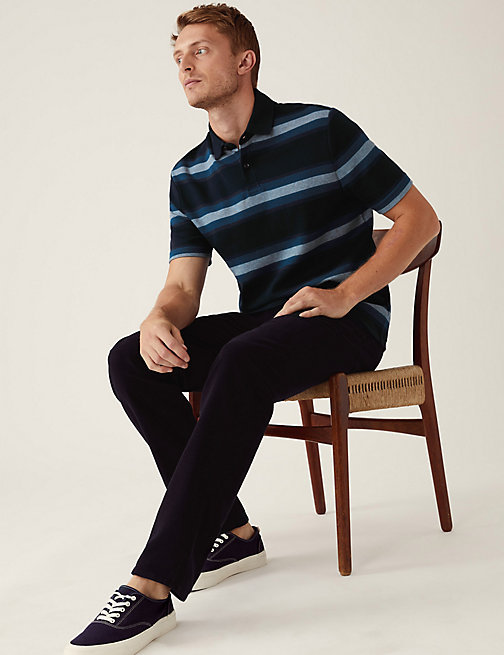 Marks And Spencer Mens M&S Collection Pure Cotton Double Knit Striped Polo Shirt - Dark Navy