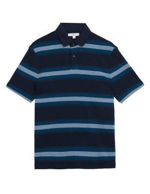

Mens M&S Collection Pure Cotton Double Knit Striped Polo Shirt - Dark Navy, Dark Navy