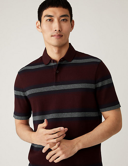 Marks And Spencer Mens M&S Collection Pure Cotton Double Knit Striped Polo Shirt - Berry, Berry