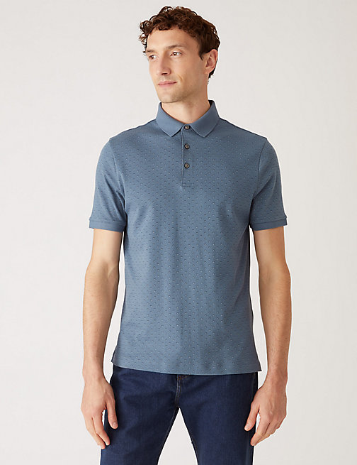 Marks And Spencer Mens M&S Collection Pure Cotton Geo Print Polo Shirt - Air Force Blue