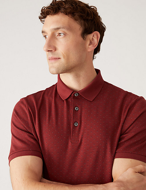 Marks And Spencer Mens M&S Collection Pure Cotton Geo Print Polo Shirt - Dark Coral, Dark Coral