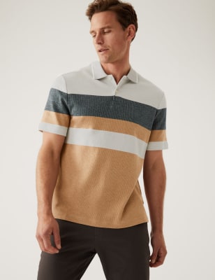 

Mens M&S Collection Pure Cotton Double Knit Striped Polo Shirt - Light Bronze, Light Bronze