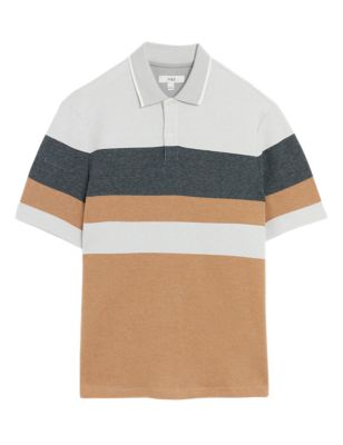 

Mens M&S Collection Pure Cotton Double Knit Striped Polo Shirt - Light Bronze, Light Bronze