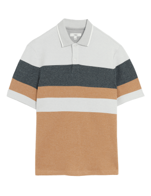 

Mens M&S Collection Pure Cotton Double Knit Striped Polo Shirt - Light Bronze, Light Bronze