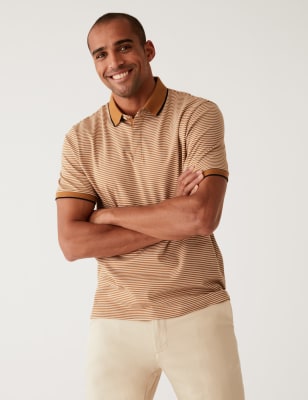 

Mens M&S Collection Gestreiftes Poloshirt aus reiner Baumwolle - Light Bronze, Light Bronze