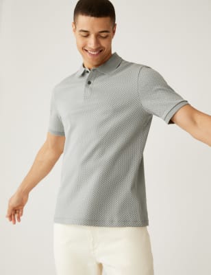 

Mens M&S Collection Polohemd aus reiner Baumwolle mit geometrischem Muster - Light Grey, Light Grey