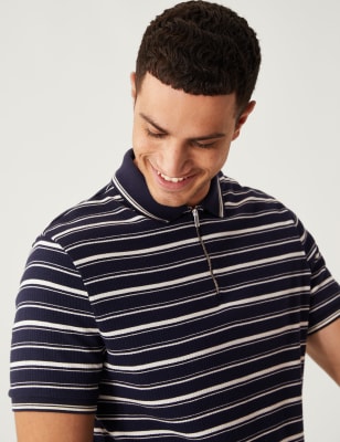 

M&S Collection Polo 100% algodón premium con media cremallera de rayasMens - Navy Mix, Navy Mix