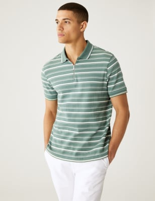 

Mens M&S Collection Pure Cotton Striped Half Zip Polo Shirt - Green Mix, Green Mix