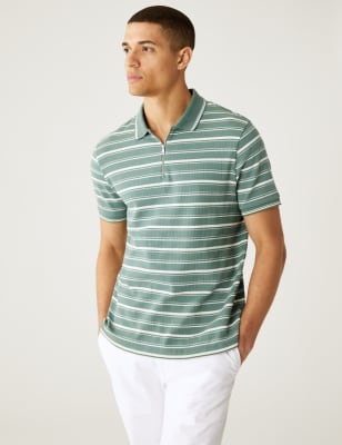 Pure Cotton Striped Half Zip Polo Shirt - AT