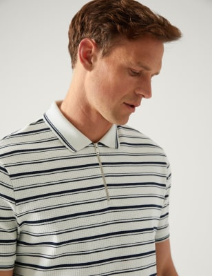 

Mens M&S Collection Pure Cotton Striped Half Zip Polo Shirt - Ecru Mix, Ecru Mix