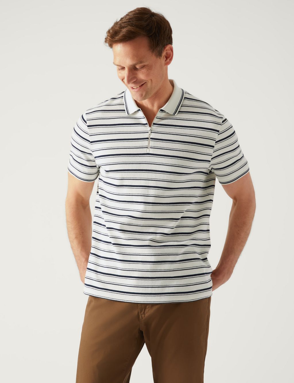 Pure Cotton Striped Half Zip Polo Shirt image 3