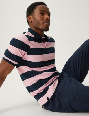 

Mens M&S Collection Pure Cotton Striped Polo Shirt - Rose Pink, Rose Pink