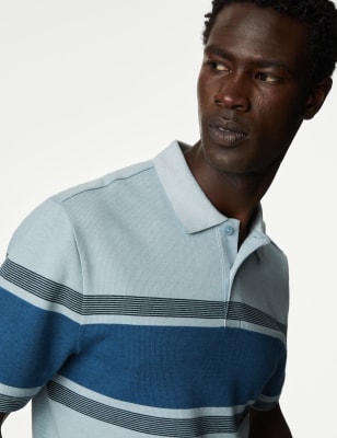 

Mens M&S Collection Gestreiftes Strick-Polohemd aus reiner Baumwolle - Blue Mix, Blue Mix