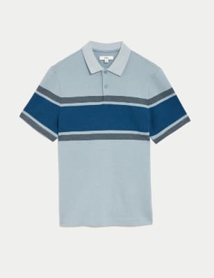 

Mens M&S Collection Pure Cotton Striped Double Knit Polo Shirt - Blue Mix, Blue Mix