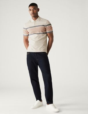 Pure Cotton Striped Double Knit Polo Shirt