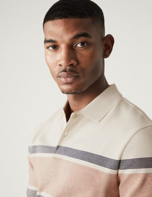 Pure Cotton Striped Double Knit Polo Shirt