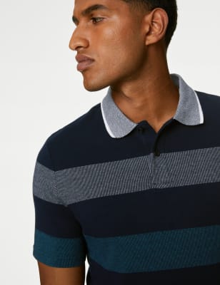 Pure Cotton Double Knit Striped Polo Shirt - LT