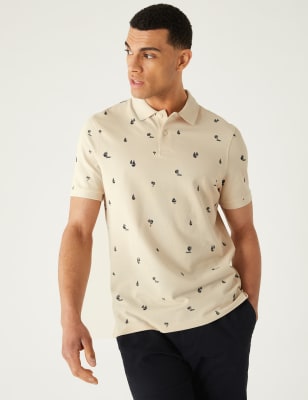 

Mens M&S Collection Pure Cotton Palm Print Polo Shirt - Ecru, Ecru