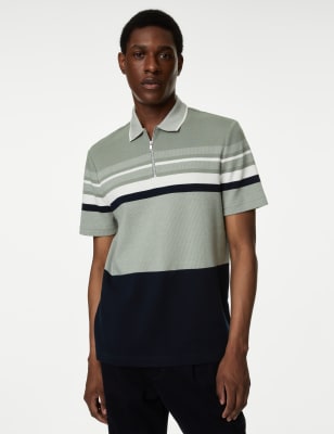 

Mens M&S Collection Pure Cotton Double Knit Striped Polo Shirt - Slate Blue, Slate Blue