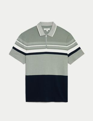 

Mens M&S Collection Pure Cotton Double Knit Striped Polo Shirt - Slate Blue, Slate Blue