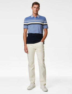 

Mens M&S Collection Pure Cotton Double Knit Striped Polo Shirt - Blue Mix, Blue Mix