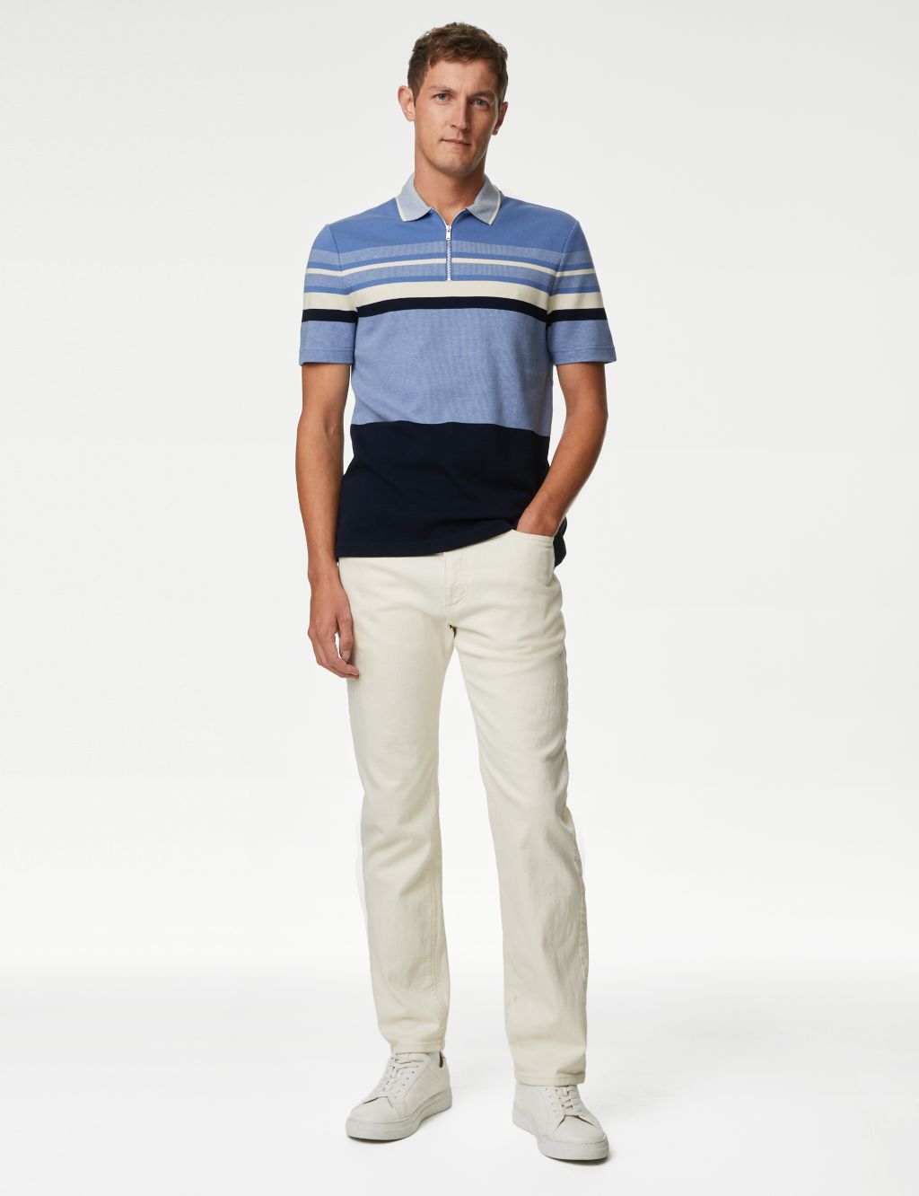 Pure Cotton Double Knit Striped Polo Shirt