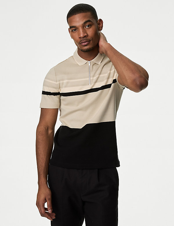 Pure Cotton Double Knit Striped Polo Shirt - OM