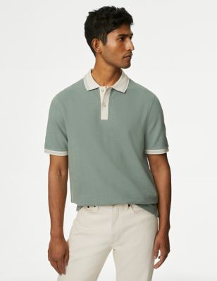M&S Men's Cotton Rich Textured Polo Shirt - MREG - Dusty Green, Dusty Green,Dark Navy