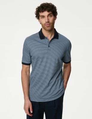 M&S Mens Pure Cotton Geometric Print Polo Shirt - MREG - Dark Navy, Dark Navy,Grey Mix