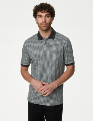 

Mens M&S Collection Pure Cotton Geometric Print Polo Shirt - Grey Mix, Grey Mix