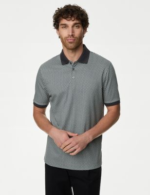 M&S Mens Pure Cotton Geometric Print Polo Shirt - XXXXLREG - Grey Mix, Grey Mix,Dark Navy