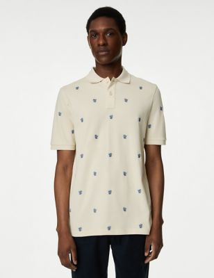 M&S Men's Pure Cotton Embroidered Leaf Polo Shirt - MREG - Ecru, Ecru
