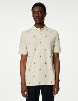 

Mens M&S Collection Pure Cotton Embroidered Leaf Polo Shirt - Ecru, Ecru