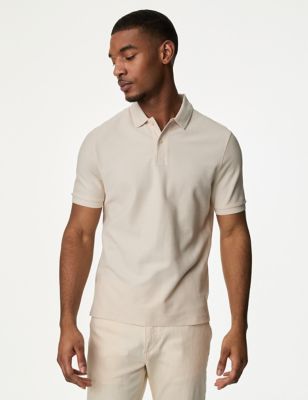 M&S Men's Pure Cotton Textured Polo Shirt - XLREG - Ecru, Ecru,Slate Blue