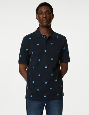M&S Mens Pure Cotton Embroidered Polo Shirt - MREG - Dark Navy, Dark Navy