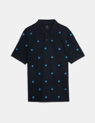 M&S Mens Pure Cotton Embroidered Polo Shirt - MREG - Dark Navy, Dark Navy
