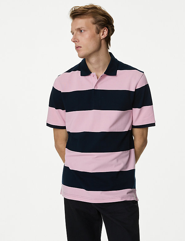 Pure Cotton Striped Pique Polo Shirt - BN