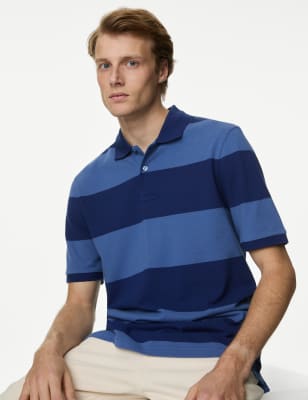 M&S Mens Pure Cotton Striped Pique Polo Shirt - SREG - Blue Mix, Blue Mix,Pink Mix,Yellow Mix,Navy M