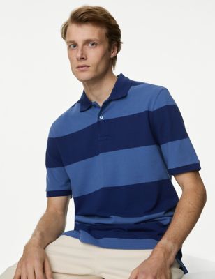 M&S Mens Pure Cotton Striped Pique Polo Shirt - SREG - Blue Mix, Blue Mix,Pink Mix,Yellow Mix,Navy M